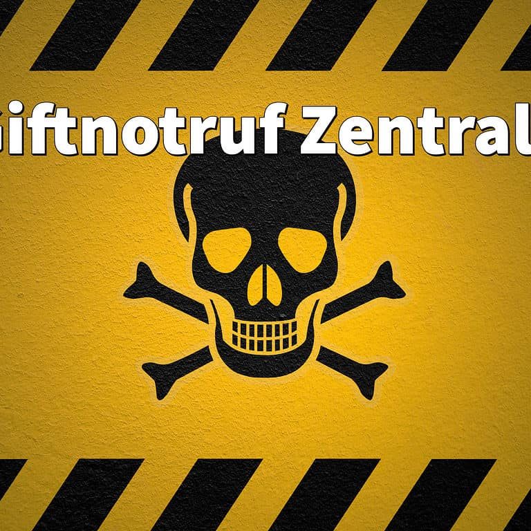 Logo der Giftnotrufzentrale mit Totenkopf auf gelbem Hintergrund.