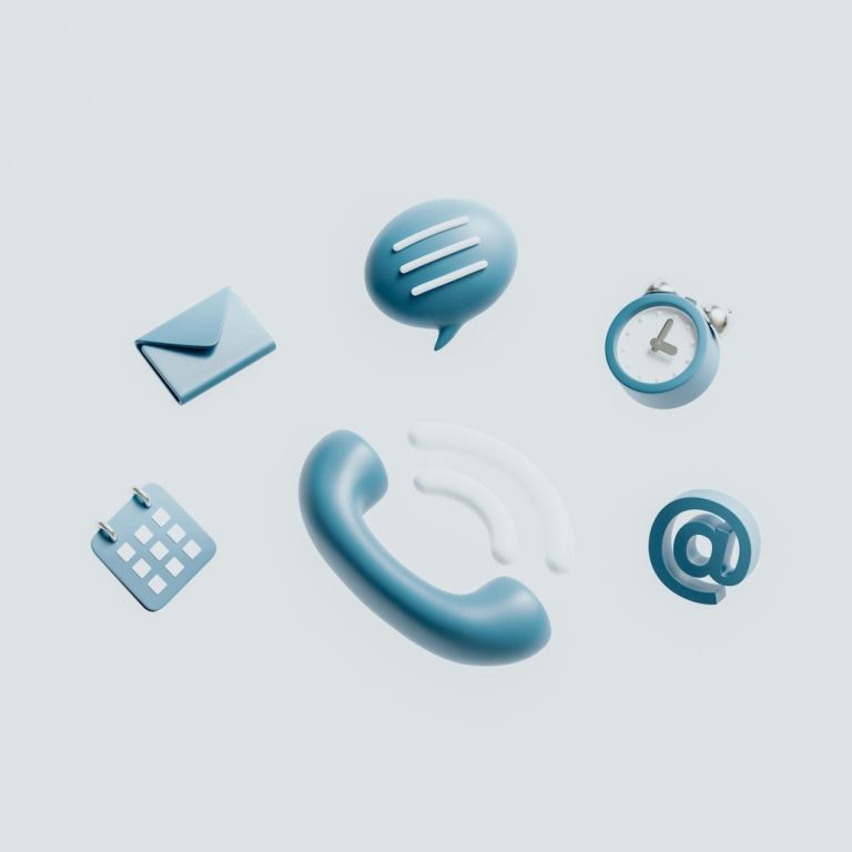 Blaues Symbolset mit Telefon, Sprechblase, Uhr, E-Mail und Kalendersymbol.