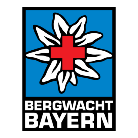 Logo der Bergwacht Bayern mit einer Almrose und einem roten Kreuz.