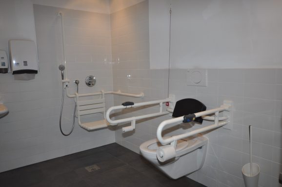 Barrierefreies Badezimmer mit Haltegriffen und Duschbereich.