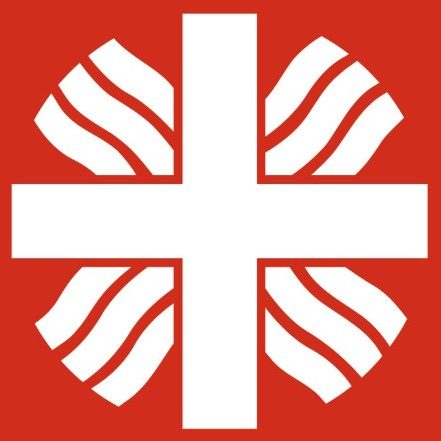 Rotes Logo mit weißem Kreuz und wellenförmigen Elementen.