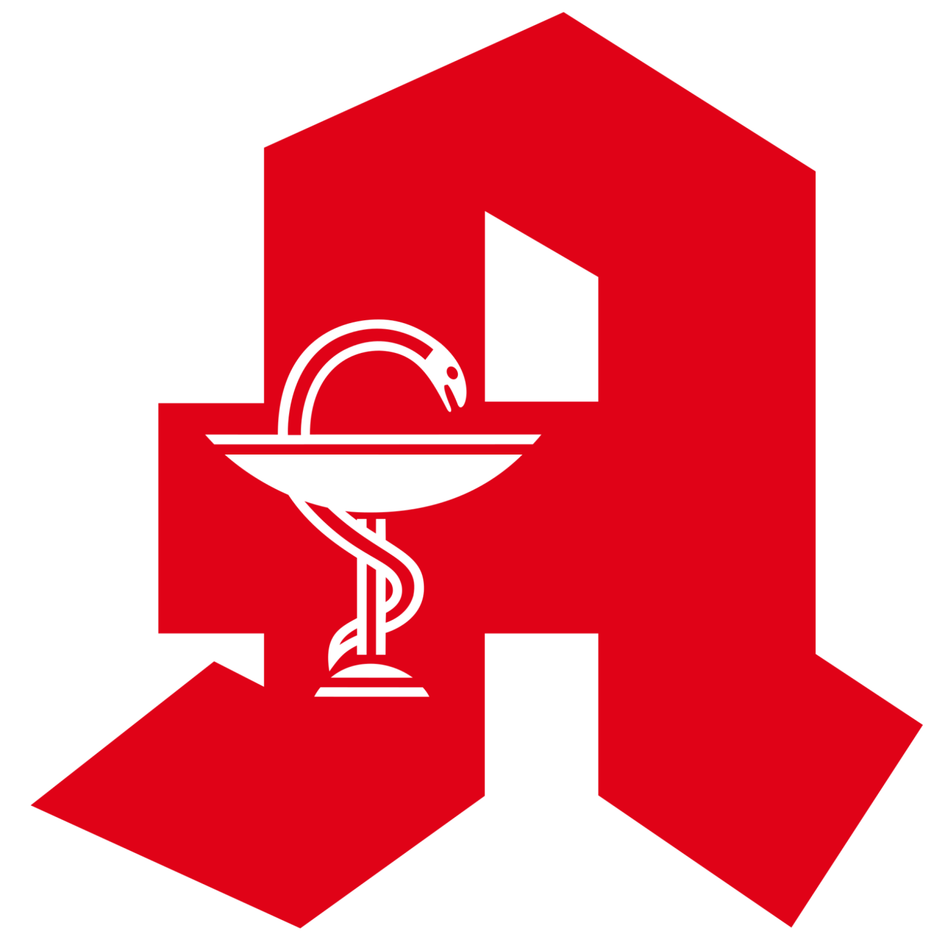 Rotes A-Symbol mit einer Schlange und einem Becher, Symbol für Pharmazie.