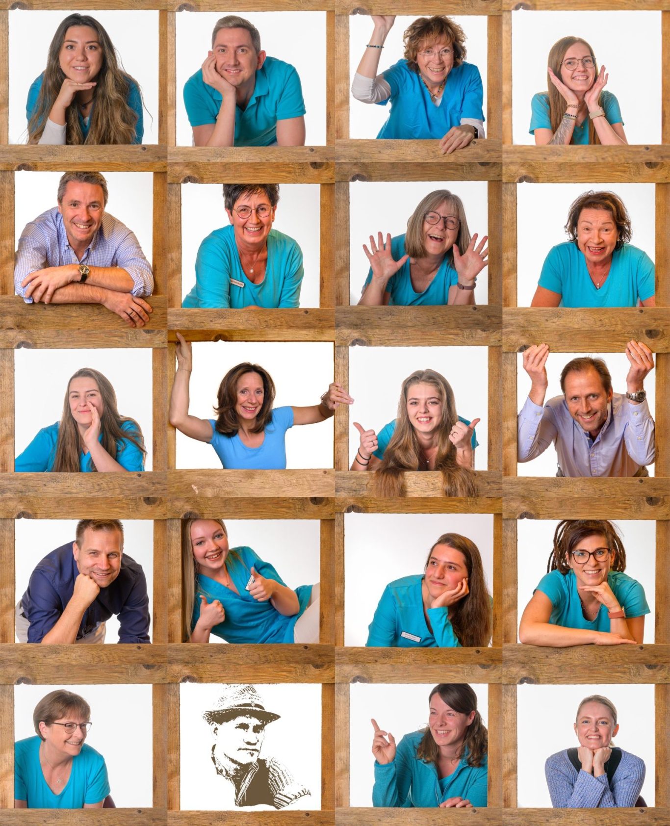 Collage von 16 Personen in blauen T-Shirts, verschiedene Posen und Gesichtsausdrücke.