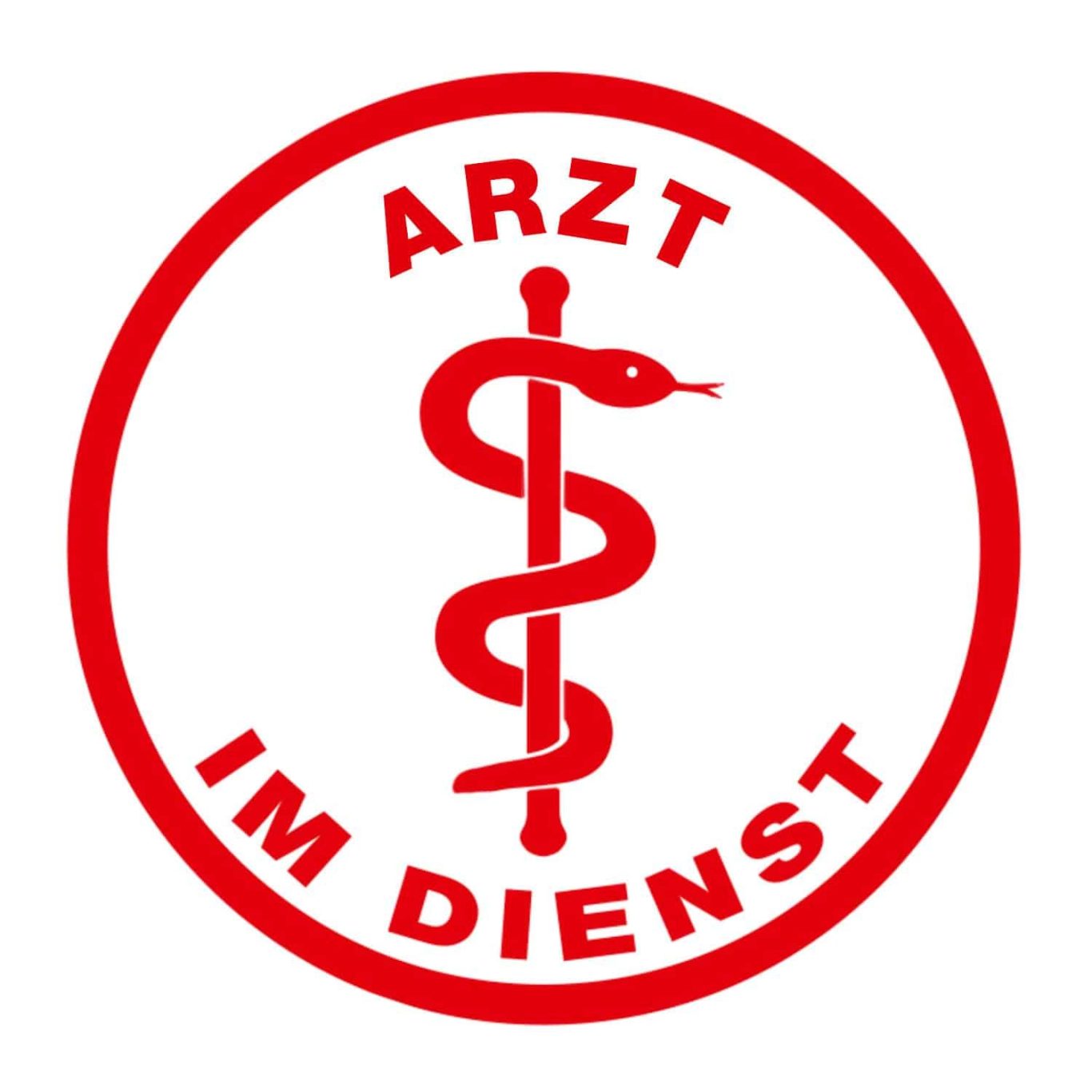 Rotes Emblem mit Würfel und Schlangenmotiv, Text "Arzt im Dienst".