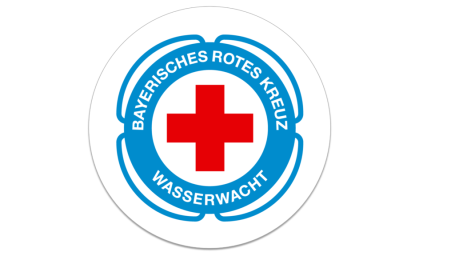 Logo des Bayerischen Roten Kreuzes, Wasserwacht, mit rotem Kreuz und blauer Umrandung.